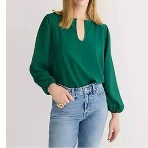 J.Crew‎ Puff Sleeve Satin Back Crepe Top Sz XL Green Long Sleeve Keyhole Neck